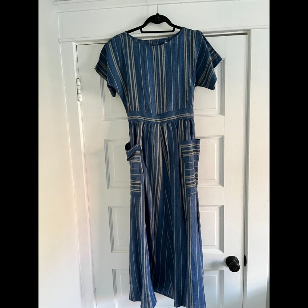Blue Striped Midi Dress with Pockets